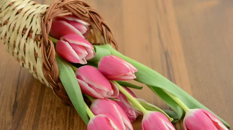 Cornucopia basket with bunch of pink tulips Stock-Footage 34269770
