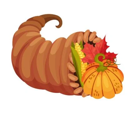 Cornucopia With Different Fruits and Crops Vector Illustration Stock Illustration