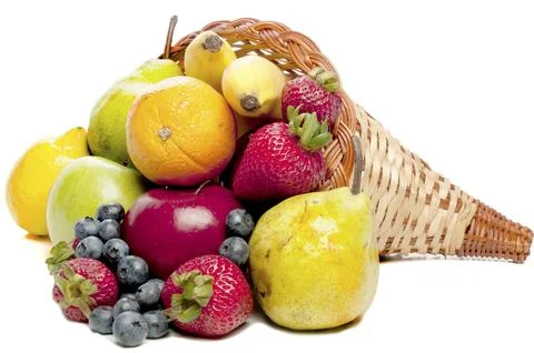 A Cornucopia with fruit celebrating the years bountiful harvest Stock Photos