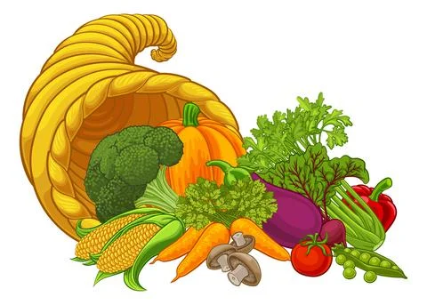 Cornucopia Gold Horn Of Plenty Vegetables Cartoon Stock Illustration