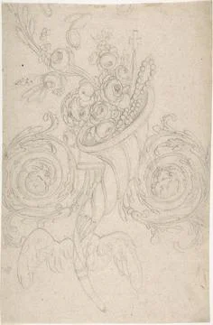 Cornucopia Held Aloft by Angels, Ornament with Cross and Rosary ca. 1780182.. Stock Illustration