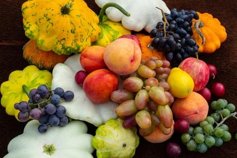 Cornucopia spring harvest of vegetables and fruits, Thanksgiving day, still life Stock Photos