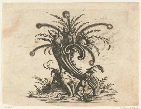 Cornucopia from which three rabbits emerge; Das Neuw Grottesken Buch Nürnb.. Stock Photos