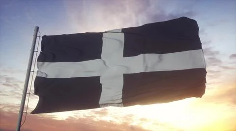 Cornwall flag, England, waving in the wind, sky and sun background. 3d render Illustrazione stock