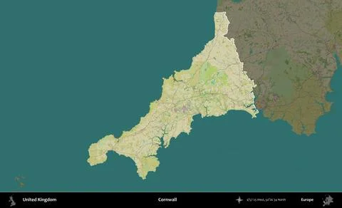 Cornwall highlighted, United Kingdom. OpenStreetMap Humanitarian Stock Illustration