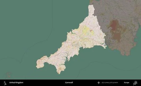 Cornwall highlighted, United Kingdom. OpenStreetMap Standard Stock Illustration