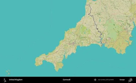 Cornwall outlined, United Kingdom. OpenStreetMap Humanitarian Stock Illustration