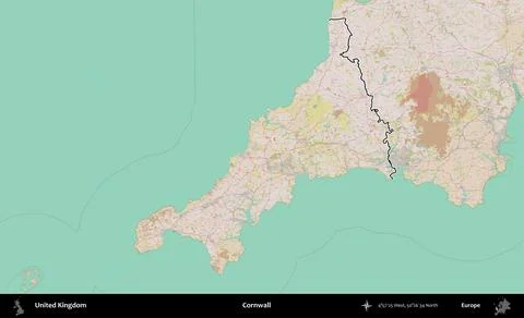 Cornwall outlined, United Kingdom. OpenStreetMap Standard Stock Illustration
