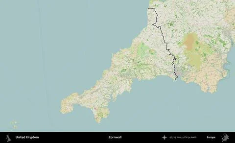 Cornwall outlined, United Kingdom. OpenStreetMap French Stock Illustration
