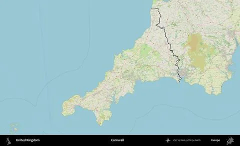 Cornwall outlined, United Kingdom. OpenStreetMap German Stock Illustration