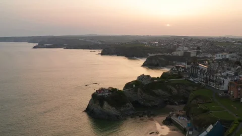 Cornwall UK Aerial View, Newquay town centre and beach Stock Footage 106975989