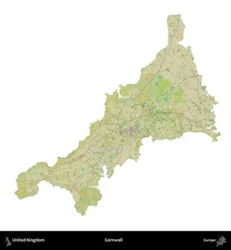 Cornwall, United Kingdom, isolated on white. OpenStreetMap Humanitarian Stock Illustration
