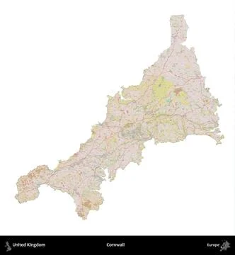 Cornwall, United Kingdom, isolated on white. OpenStreetMap Standard Stock Illustration
