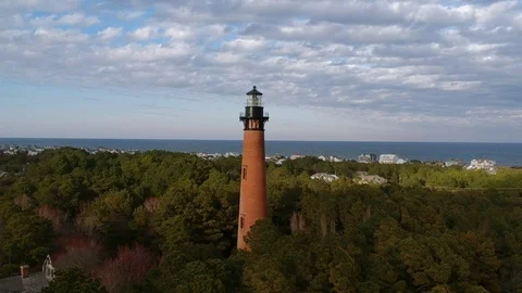 Corolla, NC lighthouse called Currituck Beach Light aerial view. Stockbeeldmateriaal 106164168