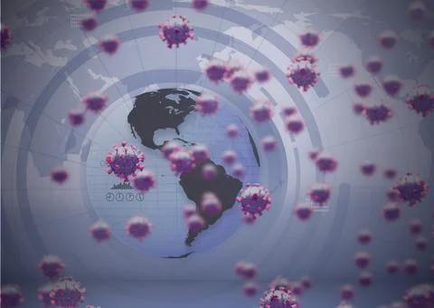 Corona virus cells floating over world map and globe, covid-19 and pandemic Ilustração Stock