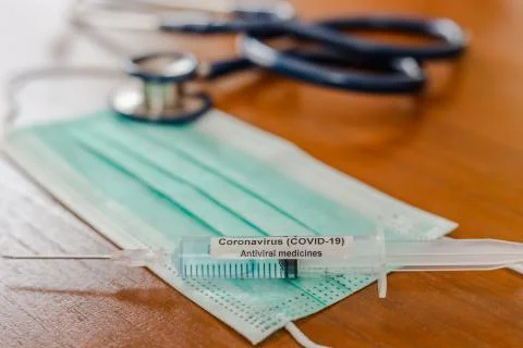 CORONA VIRUS concept. Space for text with medical mask, medicine and Stethosc Foto stock