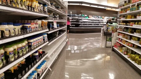 Corona Virus COVID-19 Empty Grocerie Store Shelves Handheld Stock Footage 127605898