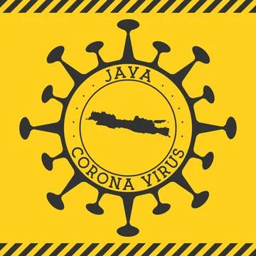 Corona virus in Java sign. Round badge with shape of virus and Java map. Ye.. Illustrazione stock