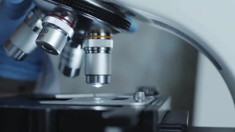 Corona virus is observed by experts under a laboratory research microscope Stock Footage 336583424