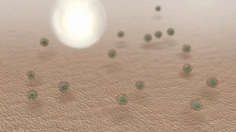 Corona Virus or COVID-19 on human skin was killed by some drop with glow effect. Stock Footage