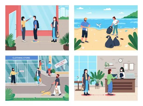 Corona virus rules flat color vector illustration set 스톡 일러스트