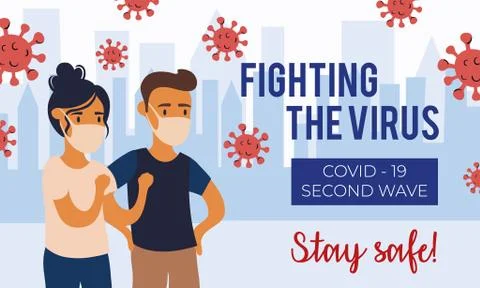 Corona virus second wave poster with particles and couple wearing medical masks Ilustração Stock