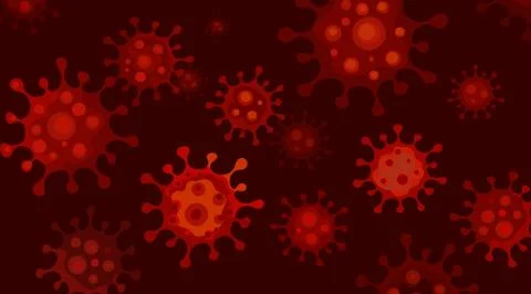 Corona viruses under microscope floating on dark red background. Vector イラスト素材