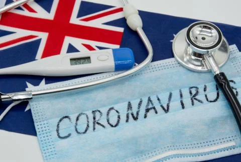 Coronavirus 2019-nCoV concept. Protective breathing mask on flag of Australia. Illustrazione stock