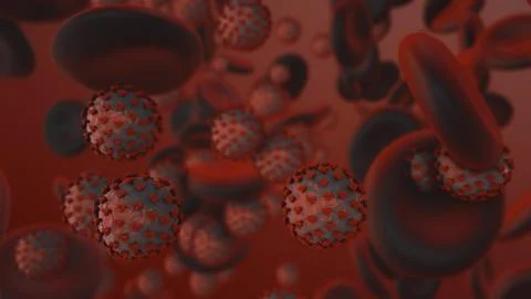 Coronavirus. 3d render of coronavirus particles in human blood Illustrazione stock