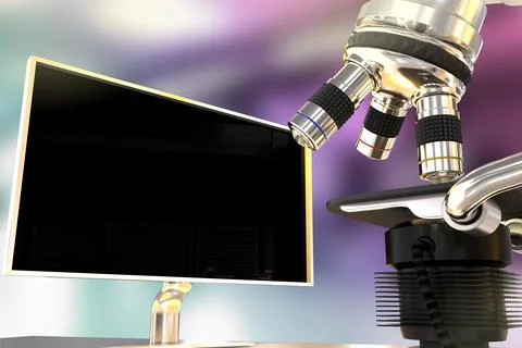 Coronavirus analysis concept, lab microscope and monitor Stock Illustration