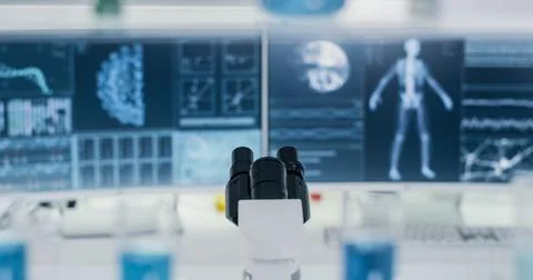 Coronavirus and human skeleton models on screens. Laboratory research Stock Photos