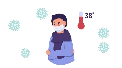 Coronavirus animation. A sick boy with a thermometer that shows the temperature Stock Footage 129813648