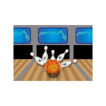 Coronavirus ball knocking down bowling pins with screens from the bag falling Stock Illustration