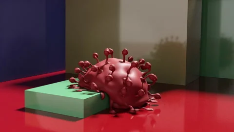 Coronavirus balloon explodes and implodes Stock Footage 153986073