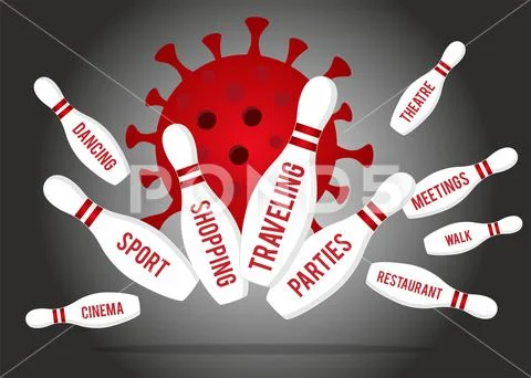 Coronavirus is a bowling ball. Strike on activities' names Stock Illustration