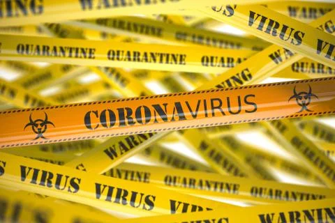 Coronavirus caution on yellow warning tape. Viral epidemyic and apndemic in C Иллюстрация