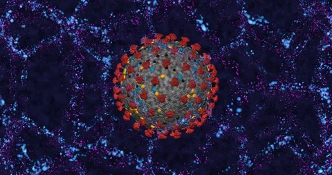 Coronavirus cell COVID-19 close up on neon molecular structure background. 3D Stock Footage 129055957