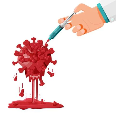 Coronavirus cell melting effect after vaccination. Illustrazione stock