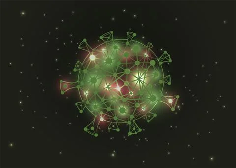 Coronavirus cell vector flat cartoon illustration with glowing red and yellow Stock Illustration