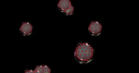 Coronavirus cells on black background . Small droplets with Covid-19 spread p Stock Illustration