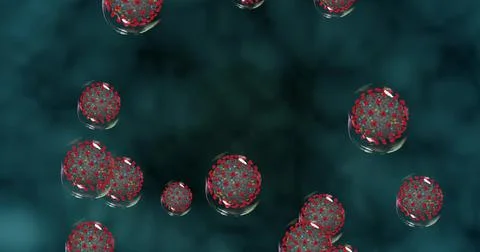 Coronavirus cells on blue background . Small droplets with Covid-19 spread pa Stock Illustration