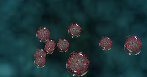 Coronavirus cells on blue background . Small droplets with Covid-19 spread pa Stock Illustration