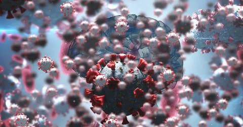 Coronavirus cells floating over computer generated human brain, covid-19 and Stock Illustration