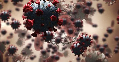 Coronavirus cells floating over computer generated human brain, covid-19 and Stock Illustration