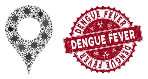 Coronavirus Collage Map Pointer Icon with Scratched Dengue Fever Stamp Stock Illustration
