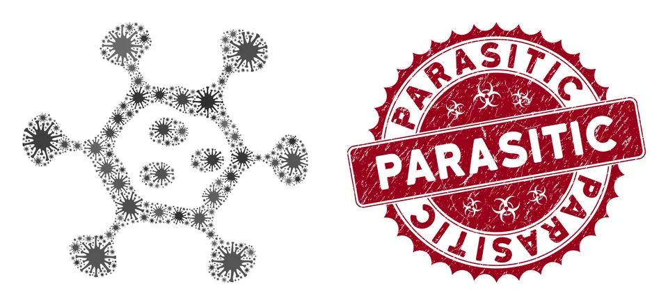 Coronavirus Collage Microbe Cell Icon with Grunge Parasitic Seal Illustration