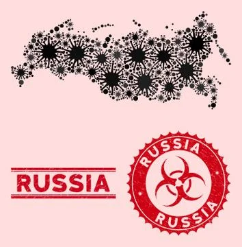 Coronavirus Collage Russia Map with Distress Biohazard Stamp Seals Stock Illustration