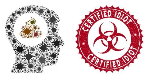 Coronavirus Collage Shit Idea Head Icon with Scratched Certified Idiot Stamp Stock Illustration
