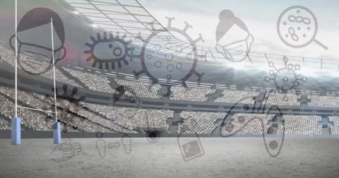 Coronavirus concept icons against empty sports stadium Stock Illustration