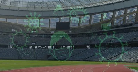 Coronavirus concept icons against empty sports stadium Stock Illustration